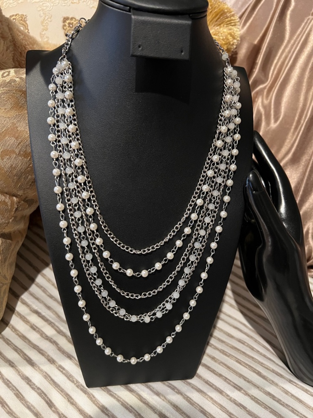 Layered Silver Necklace with White Faux Pearl & Bead Accents - Women Jewelry